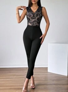 Firerie Women's Lace Patchwork Sleeve Lace Top Minimalist Lace Patchwork Sleeveless Jumpsuit, Teacher Jumpsuit,Casual Wear For Work,Commuter Style Office/Business Daily Wear