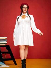 HARRY POTTER X SHEIN Plus Size Winter Fall Sports Street Wear Vintage Style School Gryffindor Embroidered Badge Long Sleeve Dress - White - View 7
