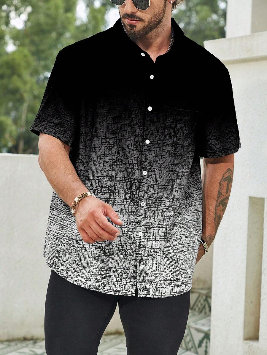 Manfinity Homme 大码男士渐变色前扣宽松短袖衬衫,夏季休闲外套 - 彩色 - 查看 1