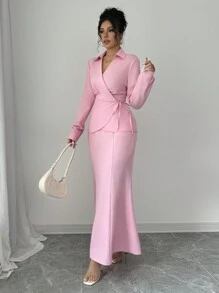 Elenzga 2 件套：女士优雅纯色收腰扭纹前衬衫和无腰带鱼尾中裙 - 粉色 - 查看 3
