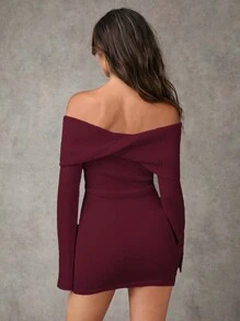 SHEIN BAE 1 chiếc váy len bó sát hở vai màu trơn thanh lịch cho nữ, mùa thu/đông - Màu Đỏ Sâu - Xem 2