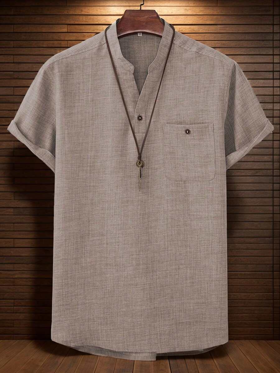 Manfinity Homme Loose Fit Men Solid Half Button Pocket Patched Shirt (No Necklace) - Khaki - View 1