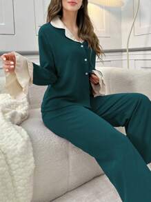 SHEIN Conjunto de pijama de mujer de bloques de color con cuello con volantes y botones - Verde Oscuro - Ver 5
