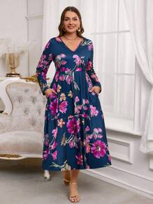 EMERY ROSE Großen Größen Winter Damen V-Ausschnitt Blume Muster Wickelkleid mit Langarm, elegant für Frauen