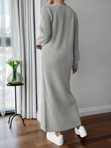 EURMUSE Round Neck Raglan Sleeve Maxi Sweater Dress With Beading - Light Grey - View 6