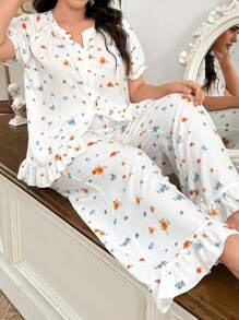 CottageSlumber Conjunto de pijama de top de manga corta con escote en V y pantalones con estampado floral ditsy en tallas grandes