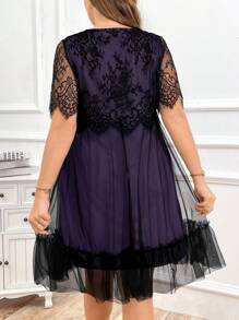 SHEIN Clasi Abito estivo elegante in taglia grande con pizzo nero e inserto in rete a contrasto