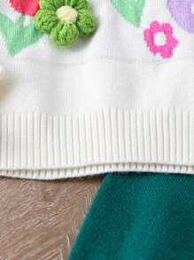 2pcs Baby Girls Winter Outfit, Cute Handmade Floral Knitted Sweater & Green Knitted Pants Set, Warm, Soft And Versatile - White - View 3