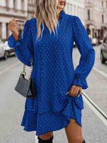 EMERY ROSE 1pc Women All-Over Print Minimalist Short Casual Dress With Long Sleeve, For Daily Wear