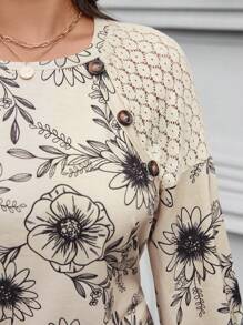 SHEIN LUNE 大码女式杏色花卉印花拼接蕾丝袖圆领长袖休闲T恤，秋季假日 - 杏色 - 查看 6