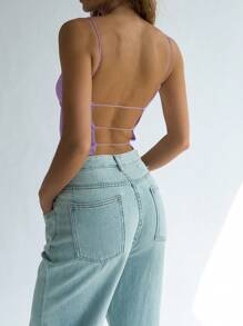 Muchica 女士纯色露背修身短款背心，夏季性感风格 - 紫色 - 查看 1