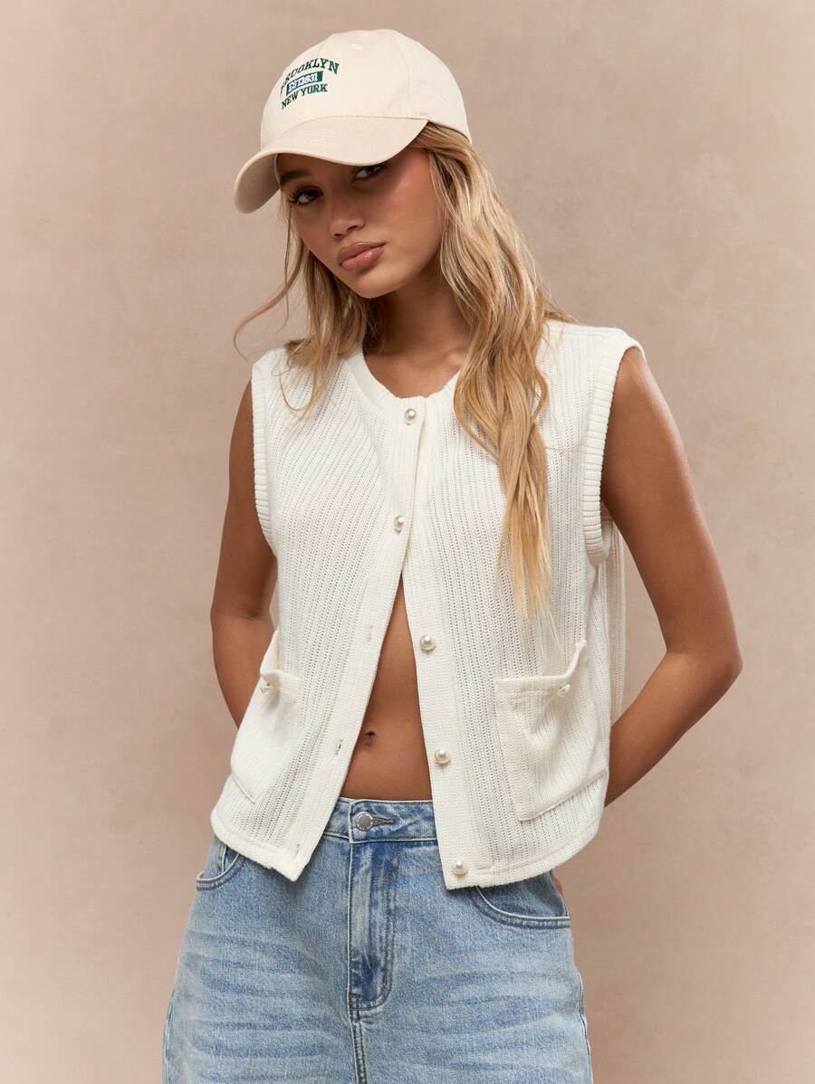 MISSGUIDED 珍珠纽扣无袖针织背心罗纹纹理复古学院风 Y2K 布鲁克林休闲时尚上衣毛衣夏季秋季春季 - 白色 - 查看 1