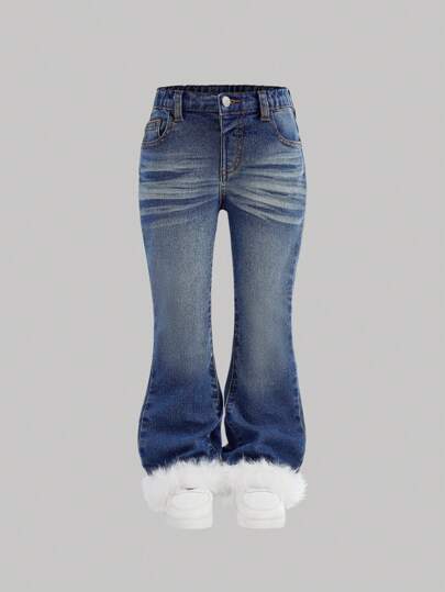 SHEIN Young Girl Blue Denim Thermal Lined Flared Pants With Fluffy Trim