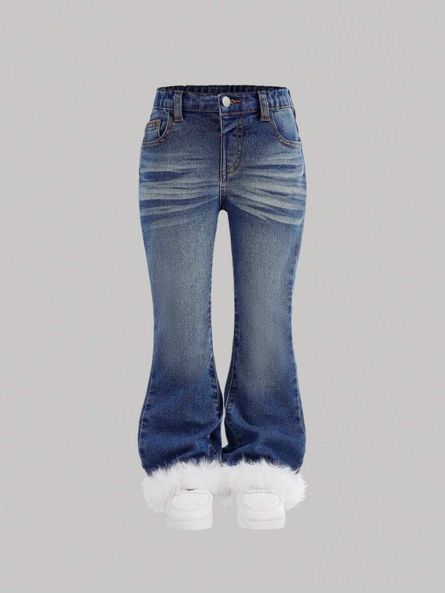 SHEIN Young Girl Blue Denim Thermal Lined Flared Pants With Fluffy Trim - Medium Wash - View 1