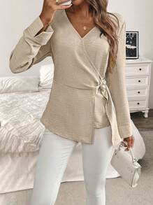 SHEIN Clasi Chemisier à manches longues élégant avec décoration de boutons pour femme, automne/hiver - Kaki - Voir 1