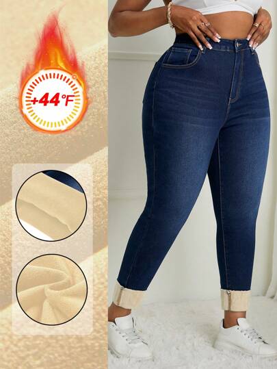 SHEIN SXY Old Money 加大码牛仔弹力时尚保暖内衬加厚秋冬季紧身长裤