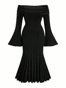 Flirla Plus Size Off Shoulder Fishtail Midi Dress With Drawstring, Flared Sleeves, Stretchy Elegant Vintage - Black - View 1