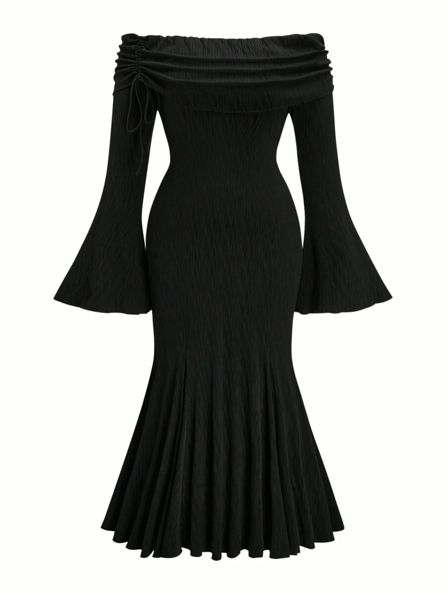 Flirla Plus Size Off Shoulder Fishtail Midi Dress With Drawstring, Flared Sleeves, Stretchy Elegant Vintage - Black - View 1