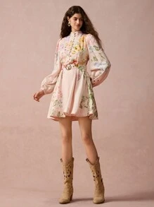 Enchnt Spring/Summer Romantic Women  Romantic Floral Printed Front Button Stand Collar Elegant Lantern Long Sleeve Dress,Sweet&Elegant Outfit For Sweet Date Night &Wedding Guest Dress Women &Holiday & Graduation Dress&Daily Commuting&Vacation&Garden Parties & Concert Outfit Women - Apricot - View 5