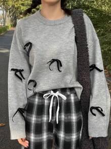 FRIFUL Jersey holgado de punto con decoración de lazo, apropiado para otoño/invierno, para mujer