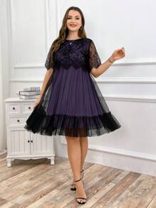 SHEIN Clasi Abito estivo elegante in taglia grande con pizzo nero e inserto in rete a contrasto