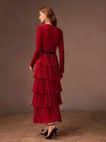 MOTF PREMIUM SOLID PLISSE LAYERED RUFFLE HEM BUCKLE BELTED DRESS - Red - View 9