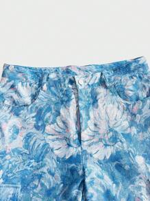 Forever 21 男士梭织拼色提花宽松花卉工装裤 - 藍色 - 查看 3