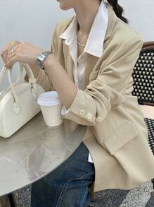 DAZY Solid Color Textured Loose Fit Women Blazer,Fall Clothes Business Attire - Beige - View 4