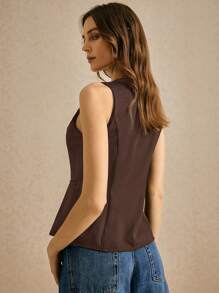 Poéselle Blusa casual de mujer de unicolor, cuello redondo, botones delanteros, sin mangas