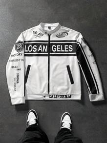 PAVTROS Manfinity Streetrush Men's Letter Print Splice Biker Bomber Jacket Long Sleeve Outerwear, Autumn Going Out Fashion Graphic Color Block Jacket, For Friends, Husband, Boyfriend Gifts, For Fall