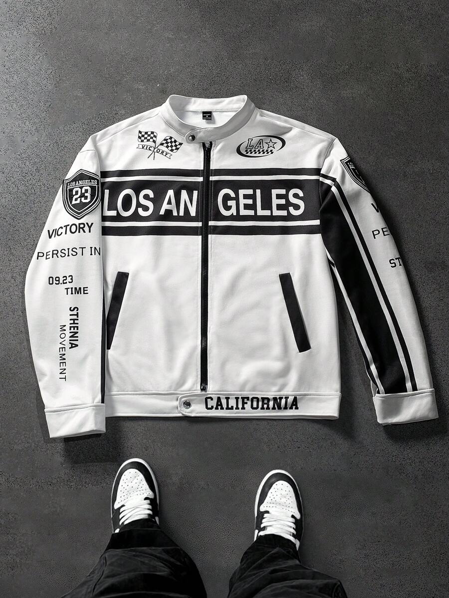 PAVTROS Manfinity Streetrush Men's Letter Print Splice Biker Bomber Jacket Long Sleeve Outerwear, Autumn Going Out Fashion Graphic Color Block Jacket, For Friends, Husband, Boyfriend Gifts, For Fall