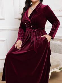 Modelyn Plus Size Solid Color Double-Breasted Midi Dress, Elegant For Autumn/Winter Long Evening Dresses