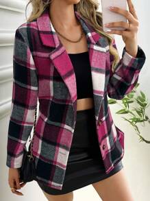 SHEIN Clasi Women's Lapel Collar Long Sleeve Plaid Casual Blouse, Minimalist Style For Daily Wear
