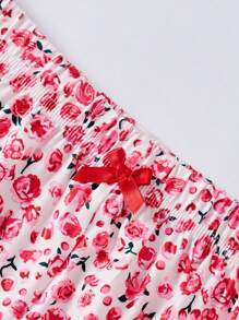 Set de 3 piezas Pantalones de pijama de mujer con estampado floral y de cerezas