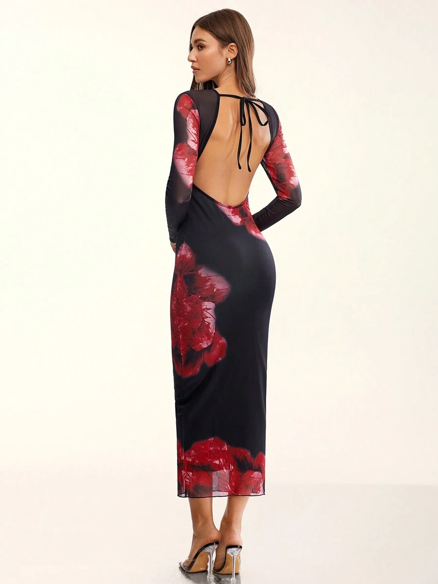 Glamine 1pc Women's Floral Print Backless Tie Back Mesh Floral Print Long Dress With Long Sleeves, Christmas Party Outfit - Red and Black - View 1