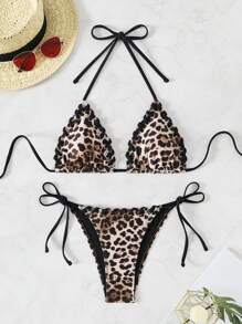 SHEIN Swim 2pcs/Set Women Leopard Print Hollow Out Drawstring Unique Crafted Side Seam Tie Swim Trunks Bikini Set Summer - Multicolor - View 3