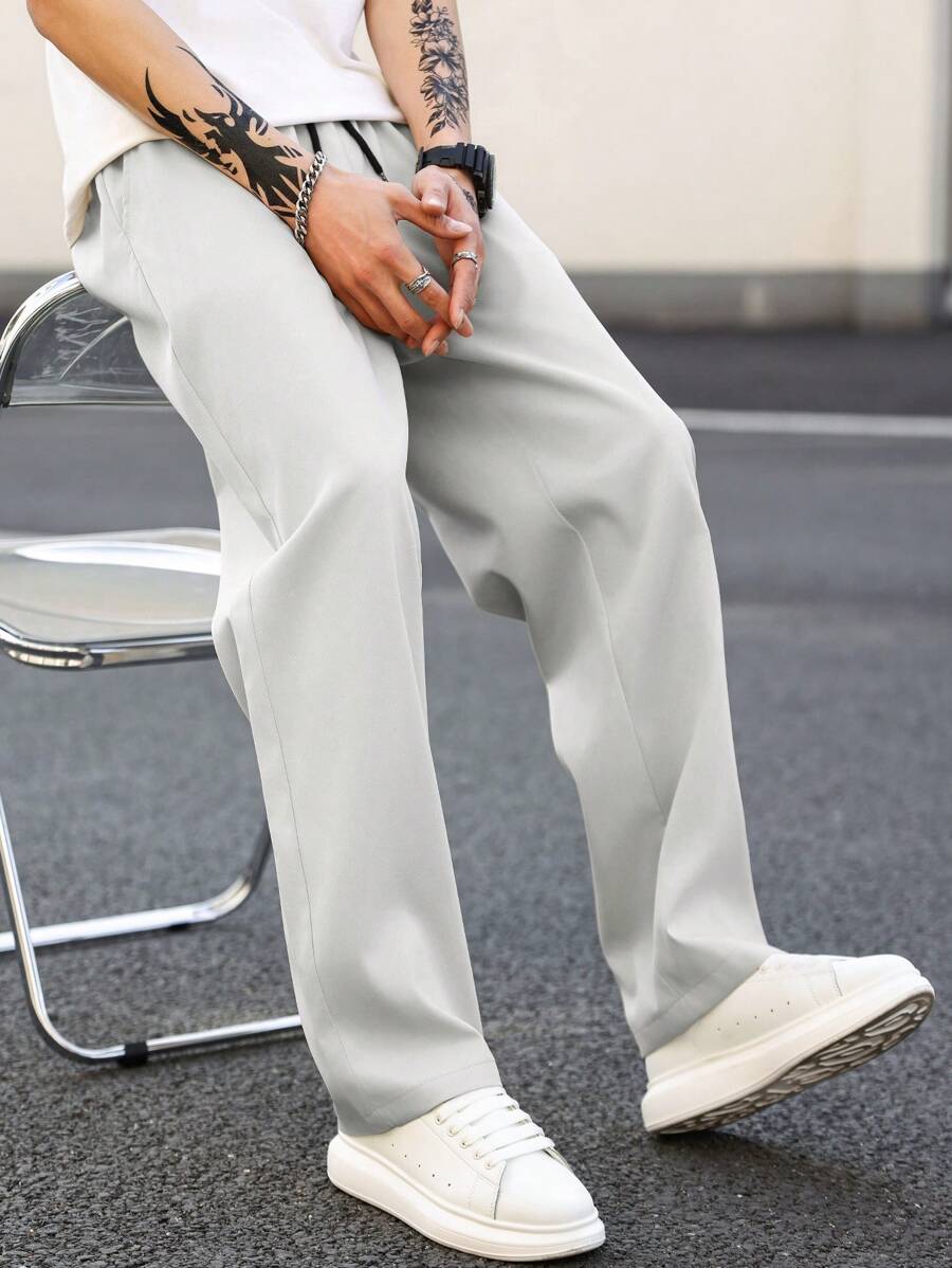Manfinity Homme Men's Casual Plain Color All-Match Pants, Suitable For Spring & Autumn, Fall - Light Grey - View 1