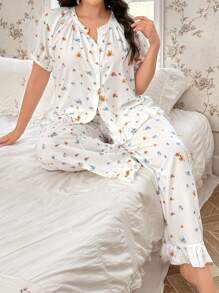 CottageSlumber Conjunto de pijama de top de manga corta con escote en V y pantalones con estampado floral ditsy en tallas grandes