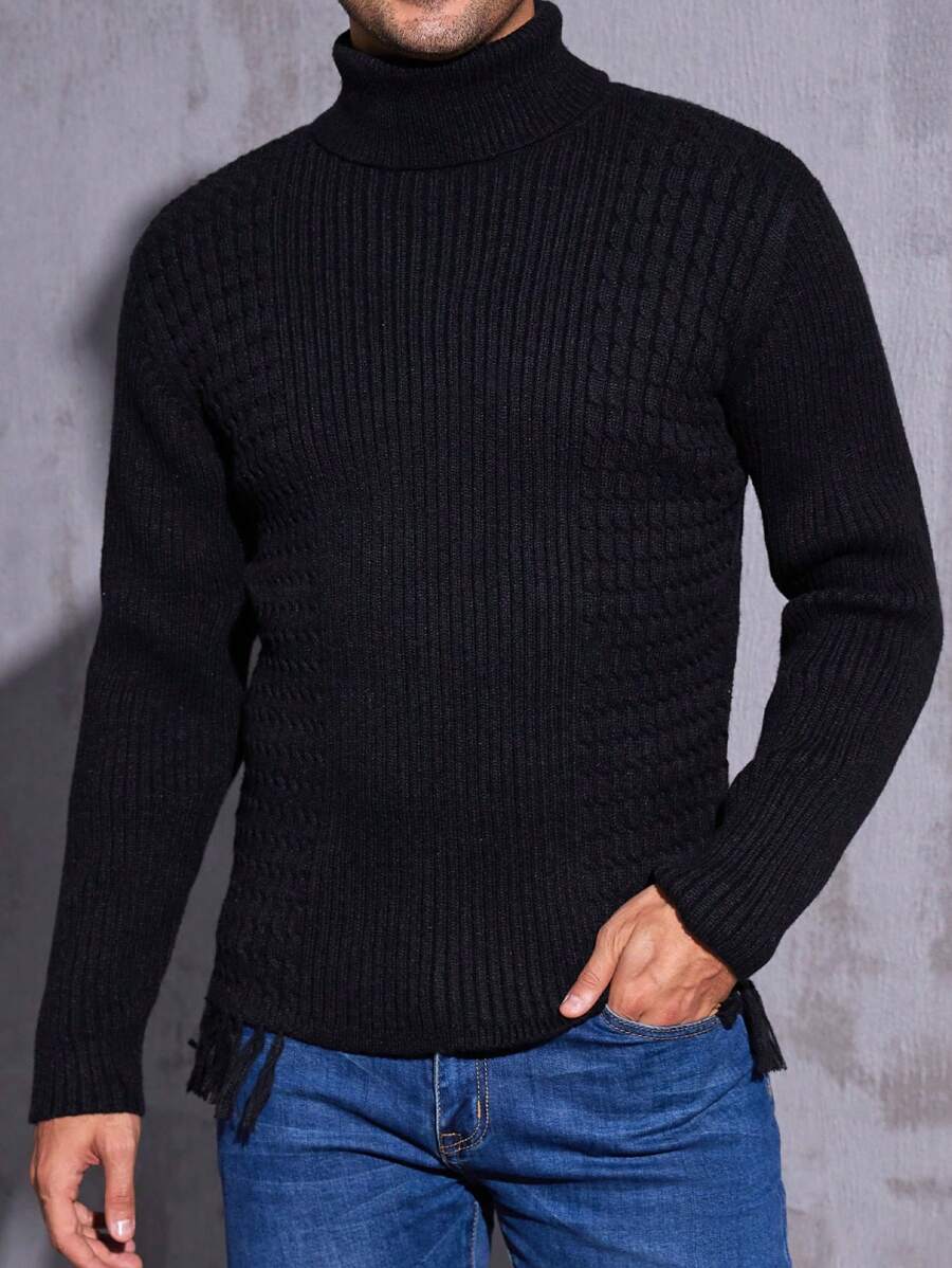 Manfinity Homme Men's Solid Color Turtle Neck Long Sleeve Minimalist Sweater, Casual Daily Wear - Black - View 1