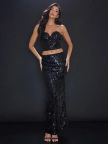 MUSERA Low Waist Sequins Maxi Skirt Birthday Elegant Spring Summer Sexy