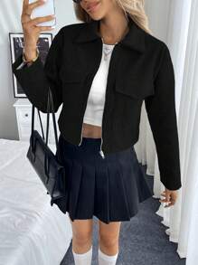 EMERY ROSE 女士休闲纯色落肩宽松翻盖口袋拉链夹克 - 黑色 - 查看 6