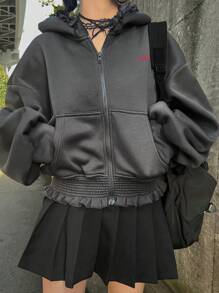 FRIFUL 女士宽松荷叶边连帽卫衣外套，秋冬款 - 灰色 - 查看 4