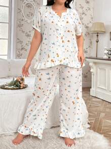 CottageSlumber Conjunto de pijama de top de manga corta con escote en V y pantalones con estampado floral ditsy en tallas grandes