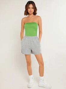 SHEIN BASICS 纯色休闲露背露肩无袖针织上衣 - 綠色 - 查看 3