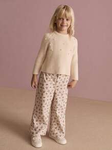 SHEIN Sweater Kasual Sehari-hari Lengan Raglan Leher Bulat dengan Hiasan Mutiara untuk Anak Perempuan, Musim Gugur/Dingin - Krem - View 1