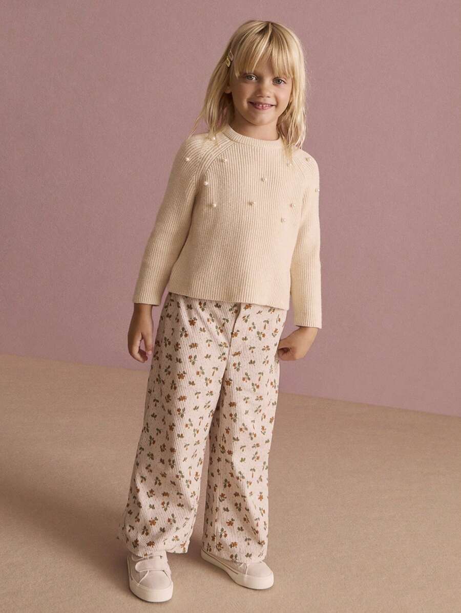 SHEIN Sweater Kasual Sehari-hari Lengan Raglan Leher Bulat dengan Hiasan Mutiara untuk Anak Perempuan, Musim Gugur/Dingin - Krem - View 1