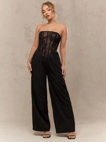 MISSGUIDED 束身胸衣式无肩带连体裤，优雅蕾丝紧身胸衣，阔腿设计，适合晚宴、特殊场合、正式晚装等场合。 - 黑色 - 查看 1