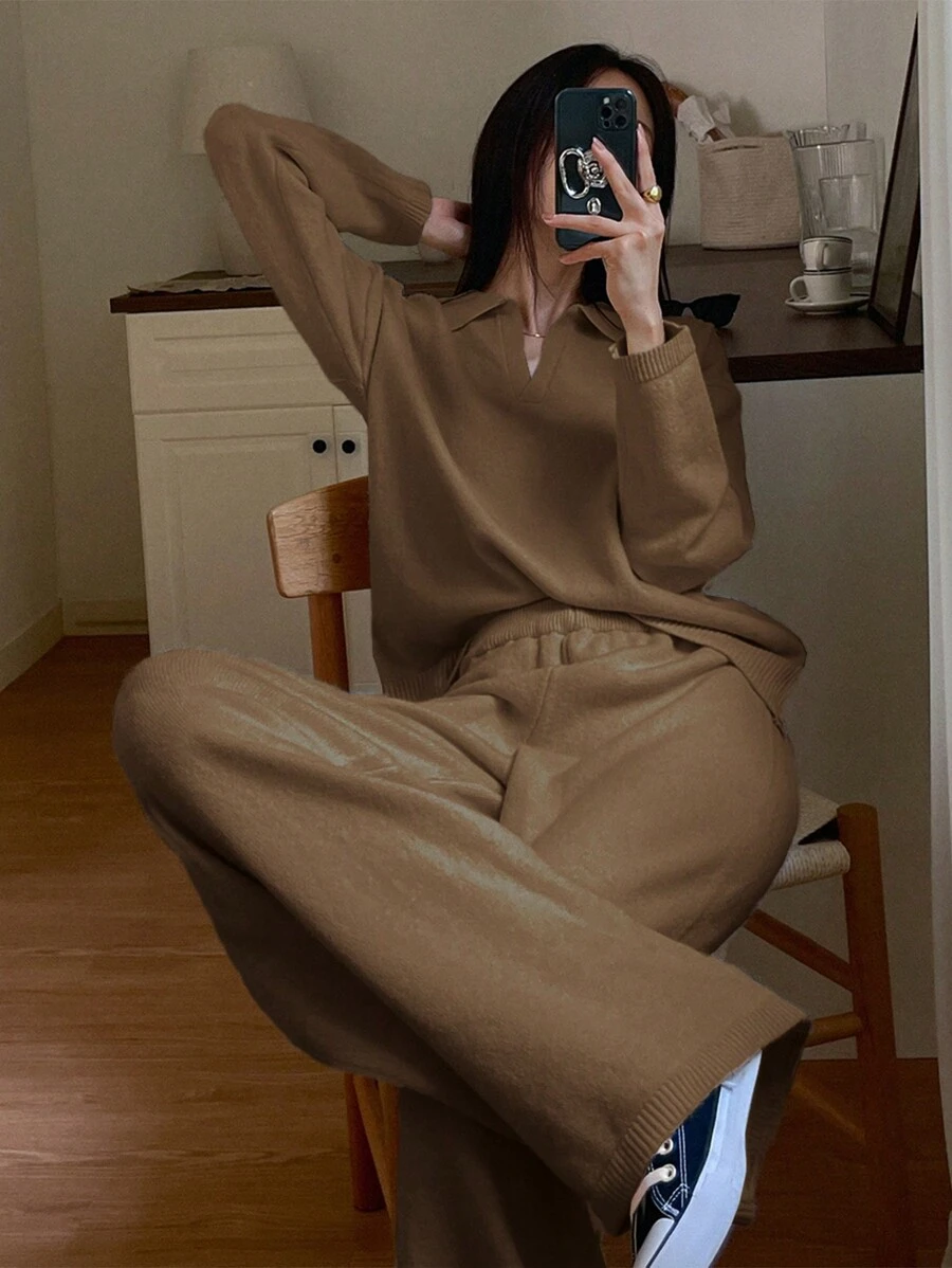 Livesso Setelan 2 Potong Wanita: Sweater Kerah Polo dan Celana Panjang, Musim Gugur/Musim Dingin - Coffee Brown - View 1