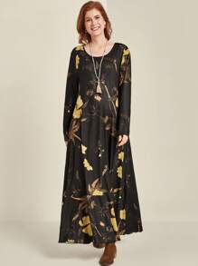 EMERY ROSE Plus Size Women's Digital Print Round Neck Long Sleeve Knitted Dress, Autumn/Winter Maxi Women Outfit