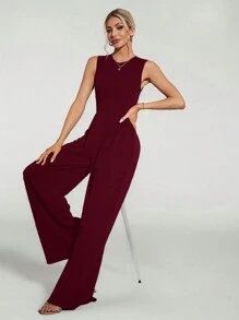 SHEIN Tall Casual Elegant Sleeveless Wide-Leg Black Jumpsuit - Burgundy - View 5